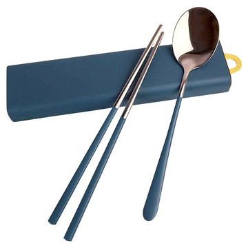 拉伸盒便攜餐具 筷勺兩件組 D093  藍銀色  筷子 + 湯匙 + 拉伸收納盒  1組