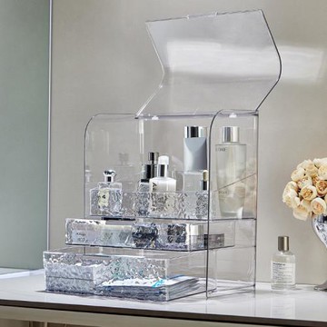 水波紋透明化妝品收納盒輕奢桌面梳妝臺口紅護膚品整理收納置物架