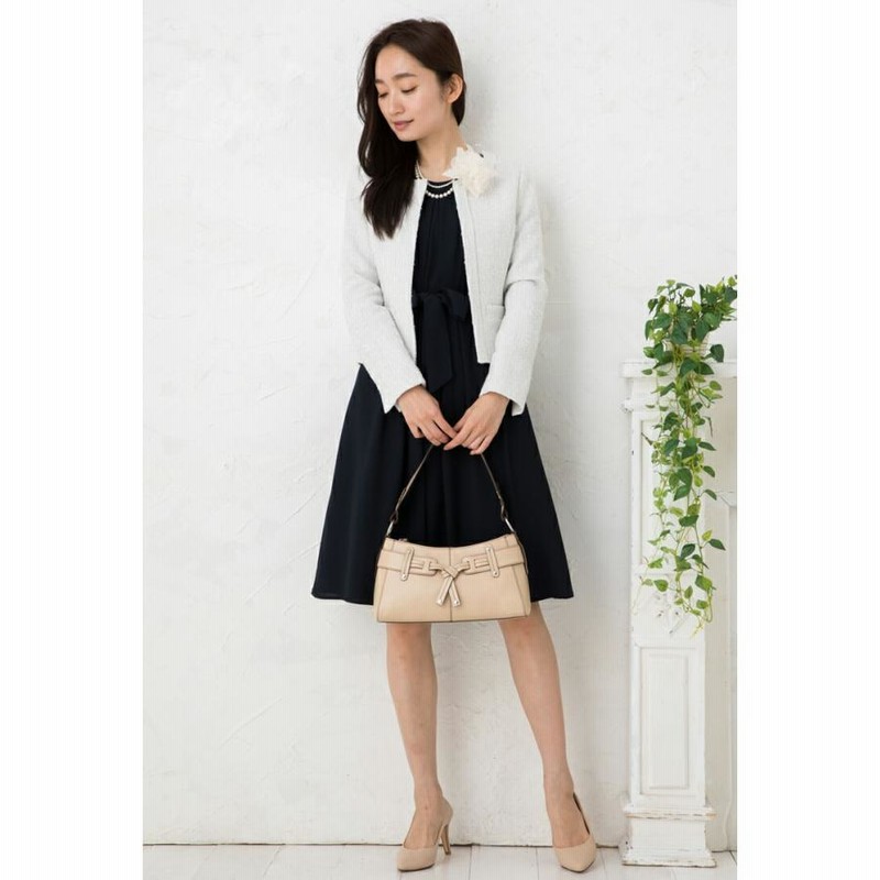 SALE40)ジャガード風ツイード×ジョーゼットノーカラー3点セット