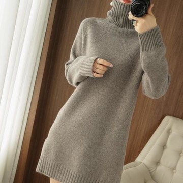 100%純羊毛2025年秋冬季新款高領女中長款針織內搭羊絨毛衣連衣裙