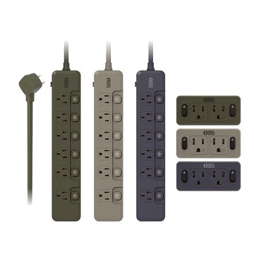 超值組 6開6插過載保護延長線 1.8米 V2 +2開2壁插 V2 軍綠組合