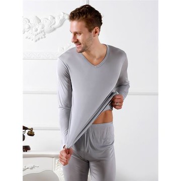 秋冬款男士V領薄款無痕桑蠶絲雙面針織保暖內衣套裝真絲秋衣秋褲