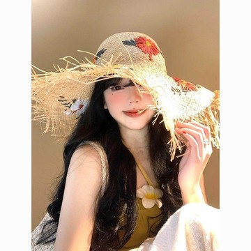 戶外防曬神器 遮陽防曬花朵拉菲草帽女夏海邊沙灘度假法式大帽檐草編遮陽防曬帽太陽帽子 草帽遮陽帽 大帽沿遮陽帽 帽子草帽