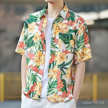 島服短袖夏威夷襯衫夏季沙灘情侶寬鬆港風套裝男女款複古潮流襯衣 港風襯衫 日係潮流 肌理感 帥哥穿搭 痞帥 短袖襯衫 復古