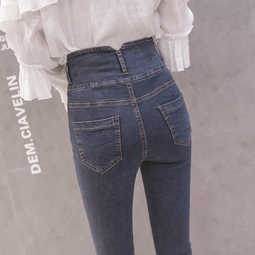 網紅高腰收縮腹牛仔褲女彈力小腳褲春秋新款修身顯瘦鉛筆長褲1入