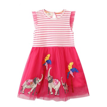 Jumping meters - 棉質圓領小飛袖網紗洋裝-大象樂園-粉桃條紋