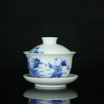 景德鎮陶瓷茶具純手工蓋碗茶杯大號 重工細筆手繪青花童子嬰戲圖