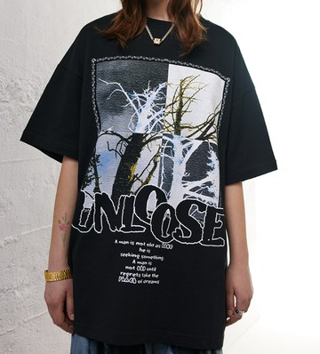 FINDSENSE X 2023 街頭時尚潮流 男士 寬鬆 枯木圖案 半袖短T  特色短T 學生T