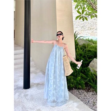 cml 盈柔之境  吊帶褶皺天絲連衣裙氣質仙女裙海邊度假吊帶裙新品