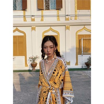 (免運)異域風情開衫連衣裙貓之旅店泰國民族風幾何印花人棉V領防曬外套