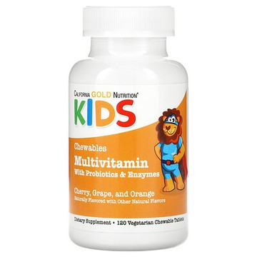 California Gold Nutrition, 兒童多維生素咀嚼片，含益生菌、酶、維生素 A 和維生素 C，什錦水果味，120 粒素食片