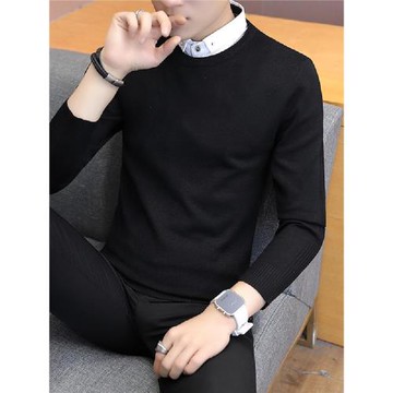 2025假兩件毛衣男士上衣服襯衫領針織衫男裝秋冬季打底衫修身潮流