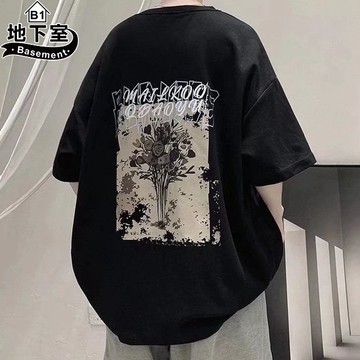 情侶短袖T恤 韓版簡約慵懶印花寬鬆嘻哈百搭圓領大尺碼5XL五分袖上衣【NL622160】
