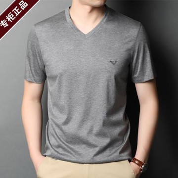 正品高端男士絲光棉v領短袖T恤中年冰絲夏季新款半袖體恤薄款上衣