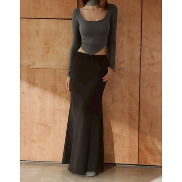 AIR SPACE 羅紋拼接設計內刷毛鬆緊魚尾長裙(黑/白) 女裝 現貨