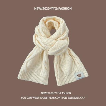 日系可愛小熊布標麻花針織圍巾女秋冬季保暖百搭學生情侶毛線圍脖