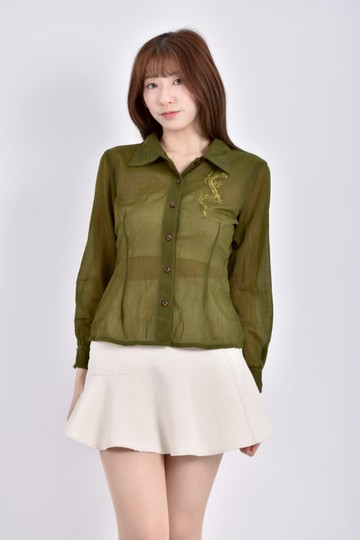 加購優惠(S) scoop co紡紗刺繡綠色長袖上衣