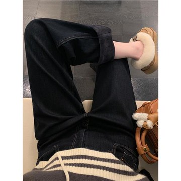 阿一 黑金磨毛絨直筒牛仔褲女秋冬加絨寬松美式復古黑色煙管褲子