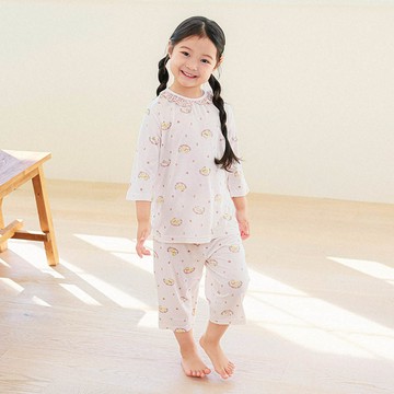 韓國 Ppippilong - 親膚莫代爾7分袖家居服/睡衣-花圈小鴨子-米