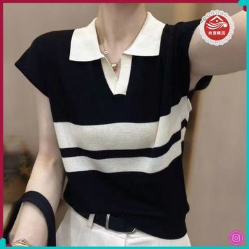 超夯女裝🌸polo領上衣【80-200斤】夏季冰絲條紋短袖女法式別緻寬鬆顯瘦小衫