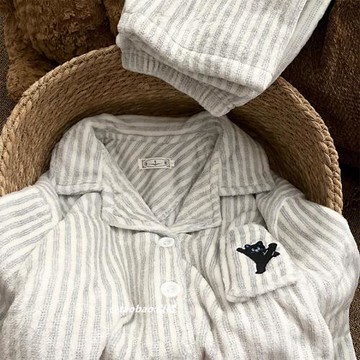 條紋ins小黑貓情侶睡衣男女款秋冬季珊瑚絨加厚保暖可外穿家居服