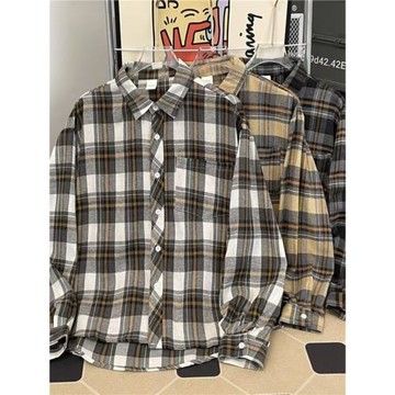 日系潮牌格子長袖襯衫男春秋季美式復古街頭寬松休閑工裝襯衣外套