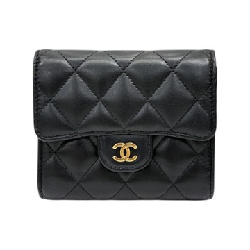 CHANEL 香奈兒 黑色 菱格紋 羊皮 三折短夾 金扣 【二手名牌BRAND OFF】