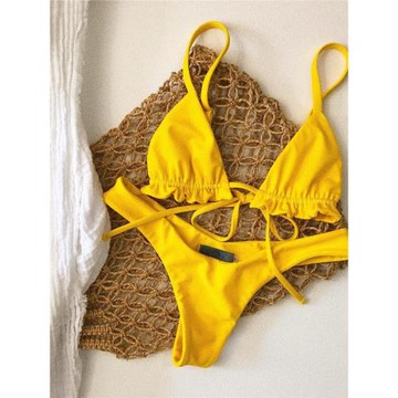 2023速賣通爆款純色比基尼綁帶泳衣女士荷葉邊泳裝歐美性感bikini