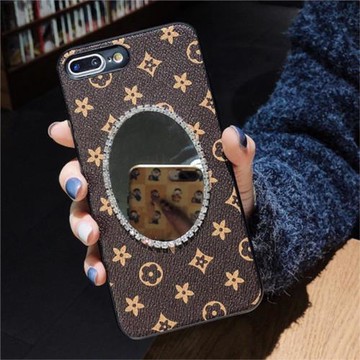 潮牌花紋奢華iphone17/15promax鏡子手機殼皮質13/14適用蘋果16promax棕格子保護套全包硅膠軟殼補妝鏡面皮紋