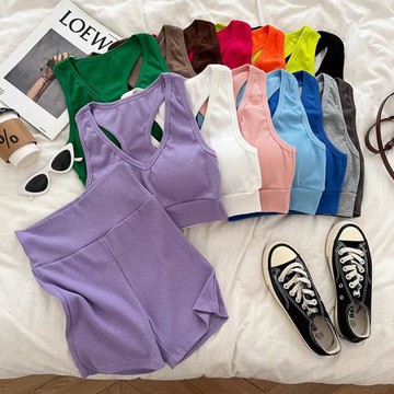 v領修身顯瘦短款無袖背心美背上衣+高腰緊身短褲運動休閑兩件套女