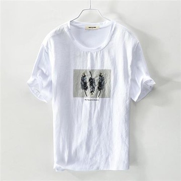 【米蘭精品】現貨+預購 男短袖上衣男短袖T恤透氣圓領上衣-亞麻印花棉麻男裝3色74kz42