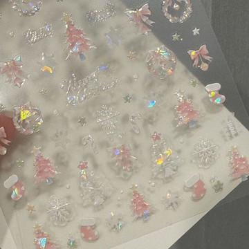 🎀台灣出貨🎀 粉色聖誕貝殼光美甲貼紙浮雕立體聖誕樹美甲仙女指甲輕奢高階顯白