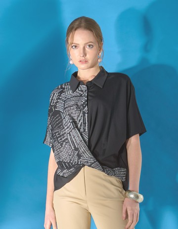 ★【喜芝梅】獨特扭褶設計感幾何圖騰布料拼接襯衫上衣(黑色；M-2L) 124400808