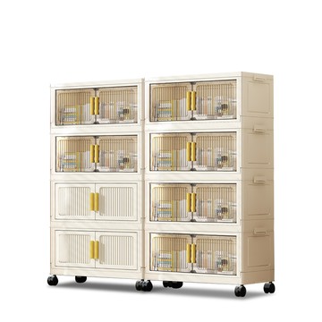 【Mr.box】70面寬豎紋摺疊磁吸雙開門四層收納櫃-附滑輪70面寬四層透黑面板