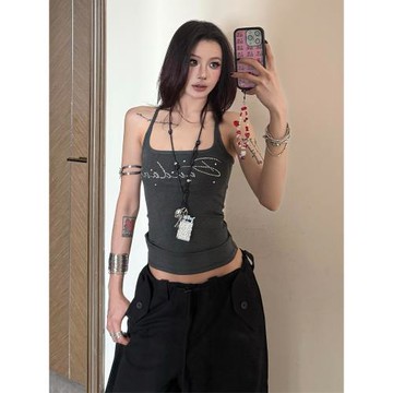 美式辣妹吊帶背心女夏季字母燙鉆設計感內搭無袖打底修身顯瘦上衣