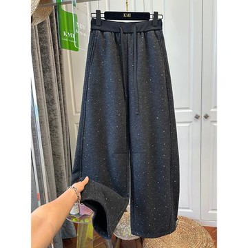 胖MM大碼240斤加絨加厚燙鉆休閑闊腿衛褲女秋冬顯瘦直筒保暖長褲