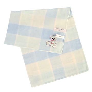 LIBERTY Liberty Art Fabrics 刺繡愛心小熊格紋紗布純綿帕巾-粉藍色