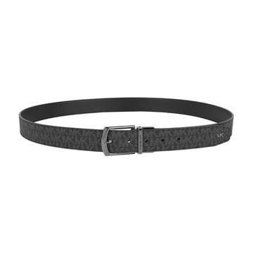 Michael Kors 銀字Logo 塗層帆布寬34mm指針式雙面可用皮帶(黑灰色黑色)