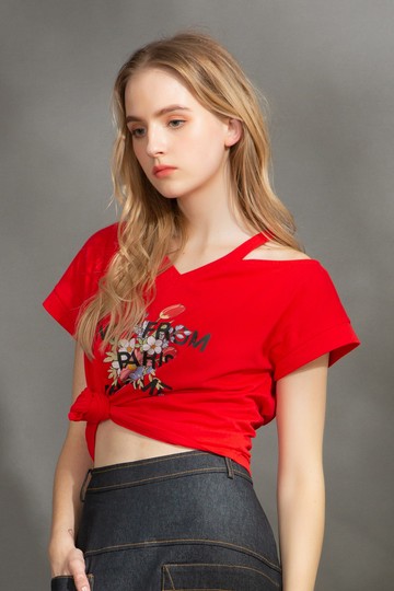 MW V領斜露肩印花短袖T恤上衣