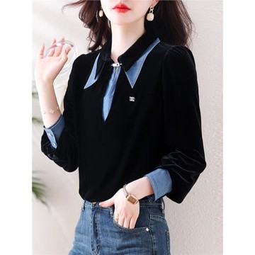 復古絲絨牛仔襯衫女士2026秋新款氣質設計感高級polo領假兩件上衣