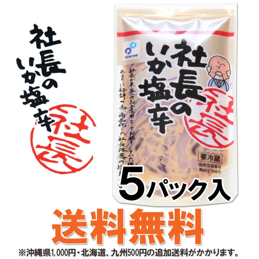 塩辛 イカ 社長のいか塩辛 5パック 合計500g 北海道産 真いか 天然塩 いか 烏賊 おつまみ セット ギフト 送料無料 布目 北海道 珍味