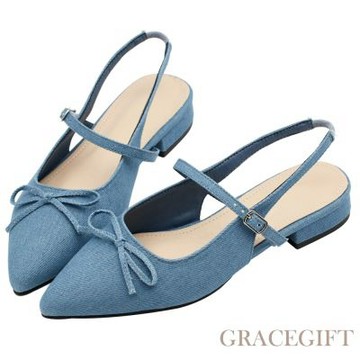 【Grace Gift】法式尖頭蝴蝶結後簍空芭蕾舞平底鞋 牛仔