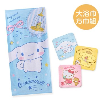 【ONEDER】三麗鷗 大耳狗純棉大浴巾+三麗鷗3入小方巾4件組(CN-DC001+SO-DI001)