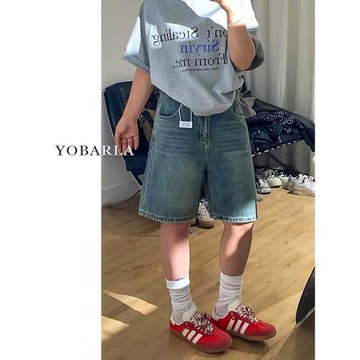 復古闊腿牛仔短褲女夏季大碼胖mm寬松顯瘦梨型身材五分直筒中褲子