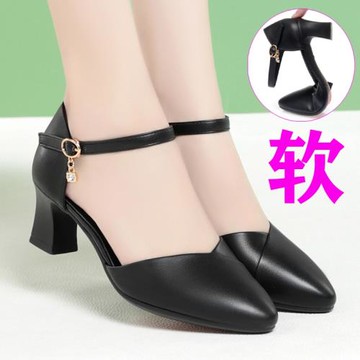 真皮粗跟涼鞋女夏一字扣包頭皮鞋中跟單鞋尖頭中空黑色職業高跟鞋
