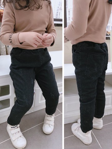 男女童秋冬季新款保暖舒適加絨牛仔褲 中小童百搭純色小腳褲1入