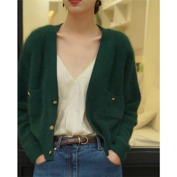 法式復古針織仿浣熊絨毛衣開衫外套女秋冬慵懶寬松墨綠色上衣外搭