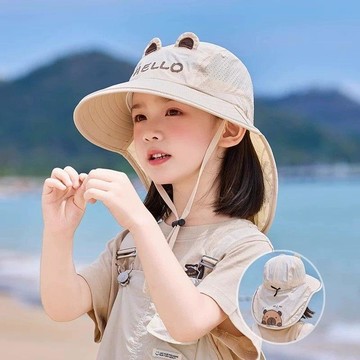 【臺灣-出貨】新款 兒童帽子男女-戶外防曬帽大帽檐披肩漁夫帽卡皮巴拉可愛