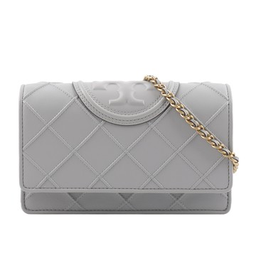 TORY BURCH Fleming 菱格紋皮革皮夾式鍊包/海灣灰