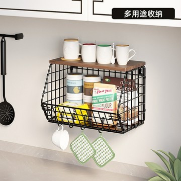 壁掛式廚房置物架加厚鐵藝木質收納架可折疊蔬菜水果收納籃 收納 置物